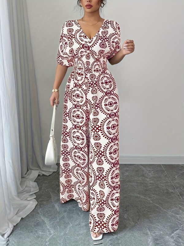 Women'S Bohemian Print V-Neck Jumpsuit with Tie Waist & Wide Legs - White & Brown Geometric Pattern, Short Sleeve, All-Season Vacation Style, Perfect for Casual or Stylish Outfits, Bohemian Dress