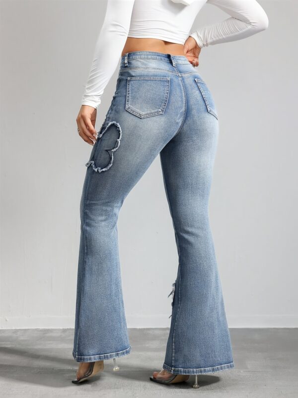 Women'S High-Waist Stretch Denim Jeans with Vintage Butterfly Embroidery - Casual Flared Leg, All-Season Wear, Geometric Pattern, Fashionable Retro Design - Image 9