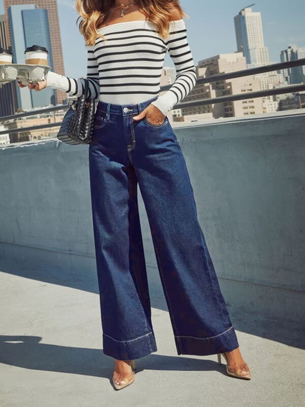 Women'S High Stretch Denim Wide Leg Jeans - Elegant Blue Washed Straight Leg, Mid Rise Comfort Trousers with Button Fly, Soft Breathable Fabric, Versatile Casual & Mature Style, Straight Leg Cut, Long Length Jeans | Classic Blue | High Elasticity Fabri - Image 9
