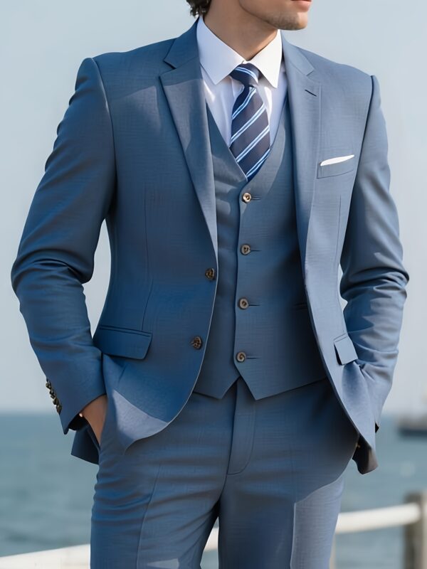 Men'S Navy Blue Three-Piece Suit with Brown Jacket, White Shirt, and Brown Dress Pants - Stylish Casual Attire for All Seasons, Casual Attire|Casual Style|Button Detail - Image 6