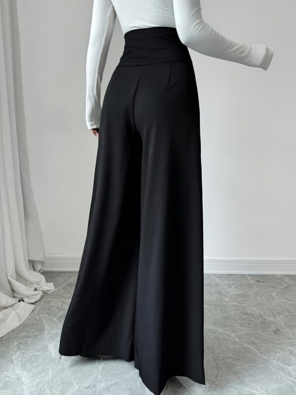 Women'S Elegant High-Waisted Tummy Control Black Wide Leg Pants, 100% Polyester, Solid Color, Woven Fabric, 200gsm, Slim Fit for Work & Office - All Seasons - Image 10
