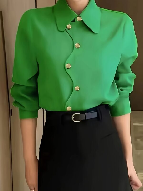 Women's Elegant Solid Color Lapel Long Sleeve Shirt - Classic Button-Up Blouse with Structured Shoulders, Machine Washable Non-See-Through Fabric for Spring Summer Fall, Versatile Office & Casual Wear, Ladies Blouses