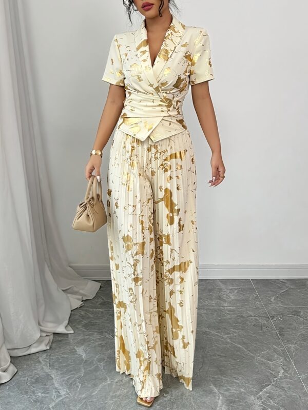 Summer Fashion Women's Collared Tie-Waist Top and Pleated Wide-Leg Pants Set with Silvery Embroidery