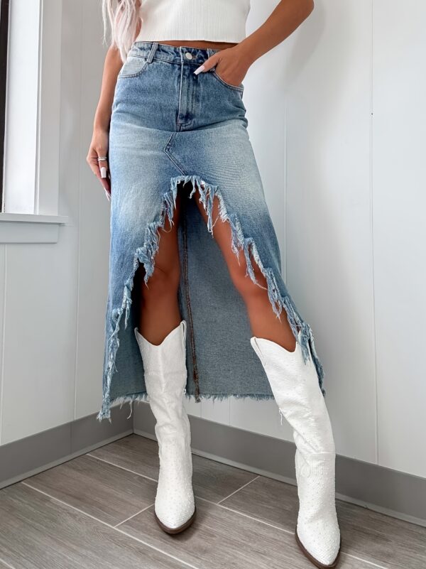 Women's Streetwear Elastic Denim Bodycon Dress with Flowing Fringe Hem - Mid-Rise Long Skirt for Spring Summer Fall, Machine Washable Casual to Semi-Formal Outfits, Versatile Outfit, Trendy Fashion, Stretchy Fabric, Trend Followers - Image 4