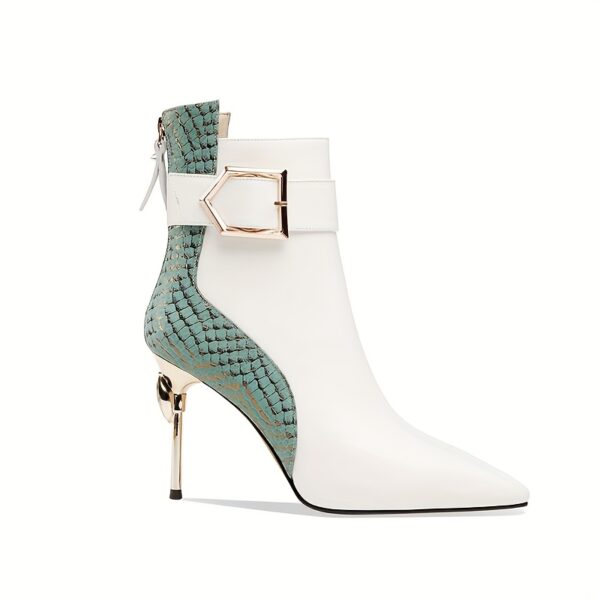 Stylish Women's Pointed-Toe High Heels - Faux Cover with Teal Woven Pattern & Black Buckle Strap, Golden Stiletto Heels, All-Season Versatile Dress Pumps, Chic Footwear | Sleek High Heels | Woven Fabric Detail - Image 5