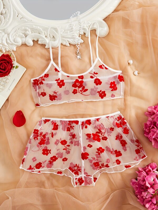Women'S Sexy Lingerie - Sheer Mesh Cami Top & Boyshorts Panty, Light Support, Open Crotch Design, Floral Print, No Padding, Mid Rise Style, Perfect for Adult Entertainmen