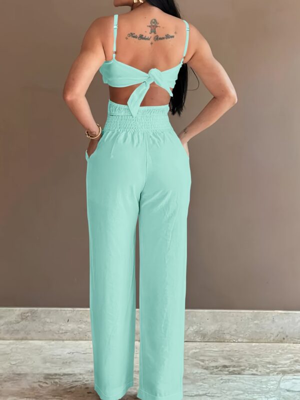 Women's Mint Green Casual Jumpsuit - Thin Strap Top & Wide-Leg Pants with Bow Detail, Solid Color Non-Stretch Fabric, Machine Washable All-Season Outfit, Summer Fashion, Sophisticated Design, Casual Attire, Lightweight Fabric, Stylish Romper, Fashion Lovers - Image 9