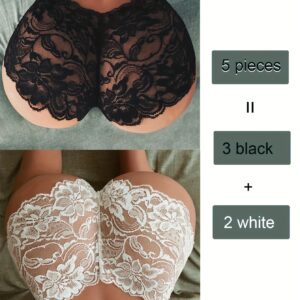 5pcs Sexy Lace Thong Underwear Set - Black & White, Floral Pattern, Mid-Rise, Comfortable & Supportive, Adult Women'S Fashion Briefs, Fashionable Underwear | Floral Lace Design | Comfortable Support, Lace Underwear