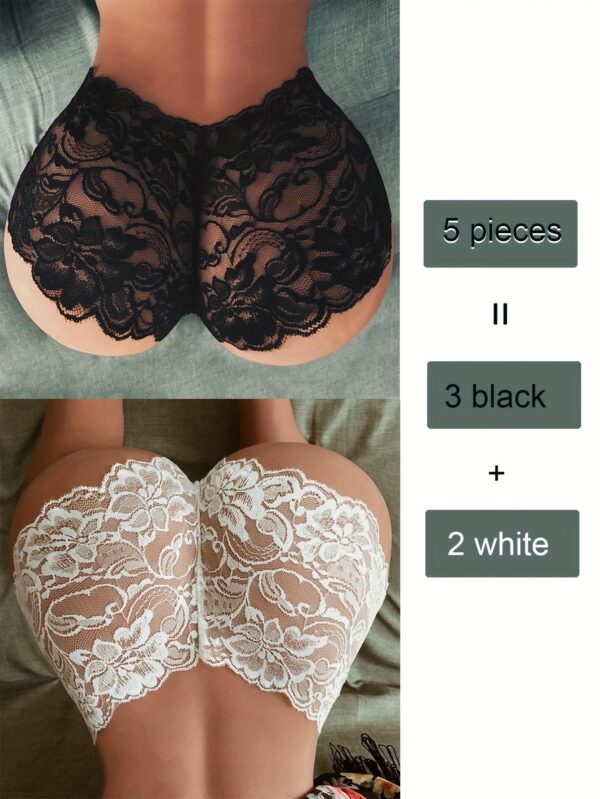 5pcs Sexy Lace Thong Underwear Set - Black & White, Floral Pattern, Mid-Rise, Comfortable & Supportive, Adult Women'S Fashion Briefs, Fashionable Underwear | Floral Lace Design | Comfortable Support, Lace Underwear