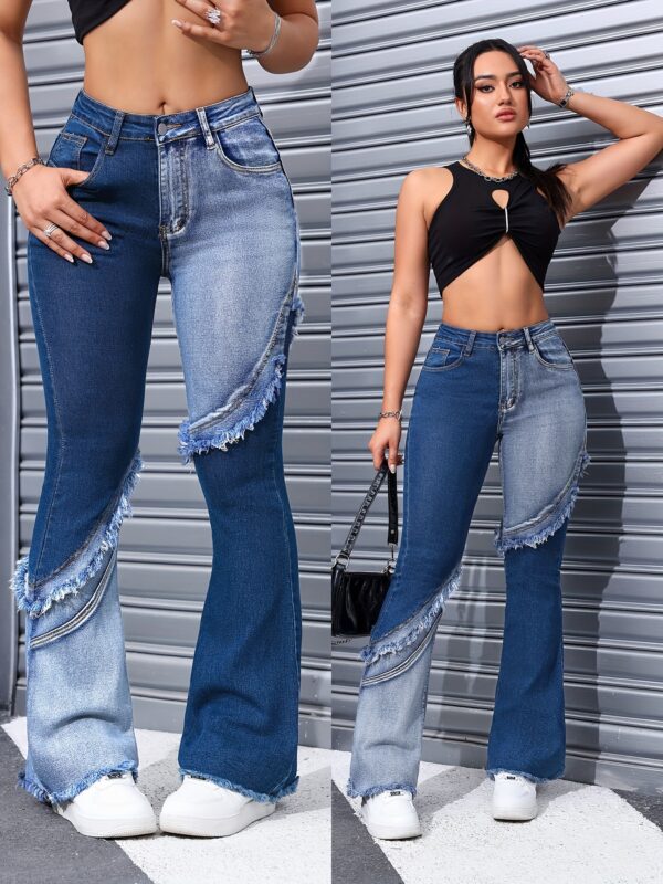 Women's High-Waisted Flare Leg Jeans with Color Block Frayed Stitch Detail - Street Style Denim in Cotton Blend, Medium Stretch, Solid Color for All Seasons