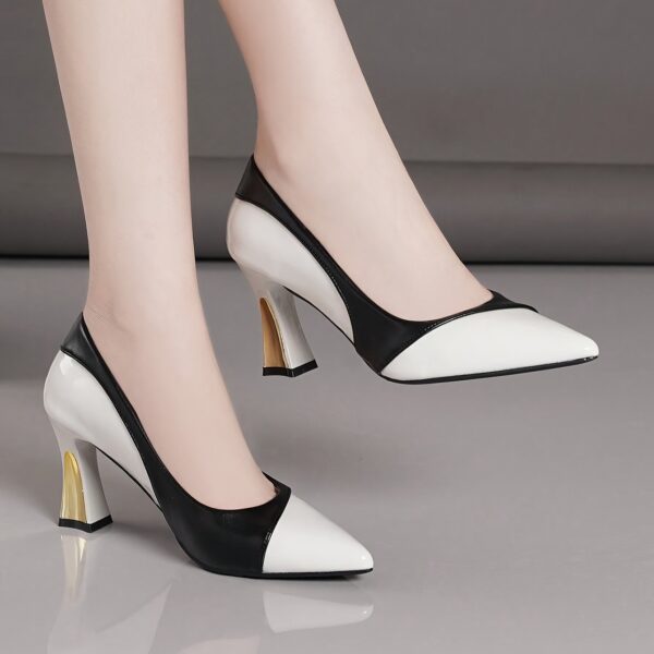 Women'S Black & White Pointed Toe High Heel Pumps - Comfortable Slip-On Dress Shoes with Thick Rubber Sole, Synthetic Cover Upper & Insole for Fall Season, Stylish Low-Cut Design, Low-Cut Footwear | Elegant Footwear | Durable Footwea - Image 2