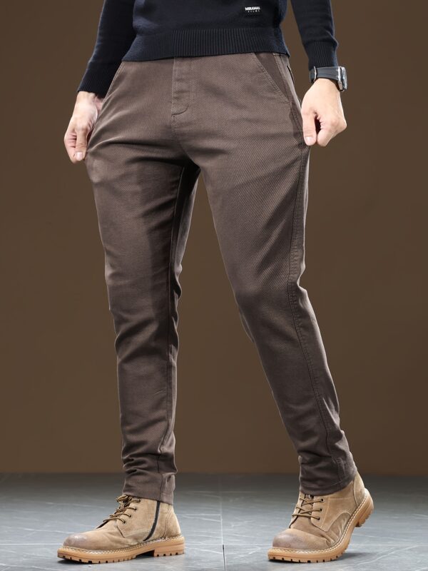 Men's Slim Fit Straight-Leg Casual Pants - Cotton Blend, Mid-Rise with Zipper Detail, Machine Washable - Classic Solid Brown for Business & Leisure - Image 10