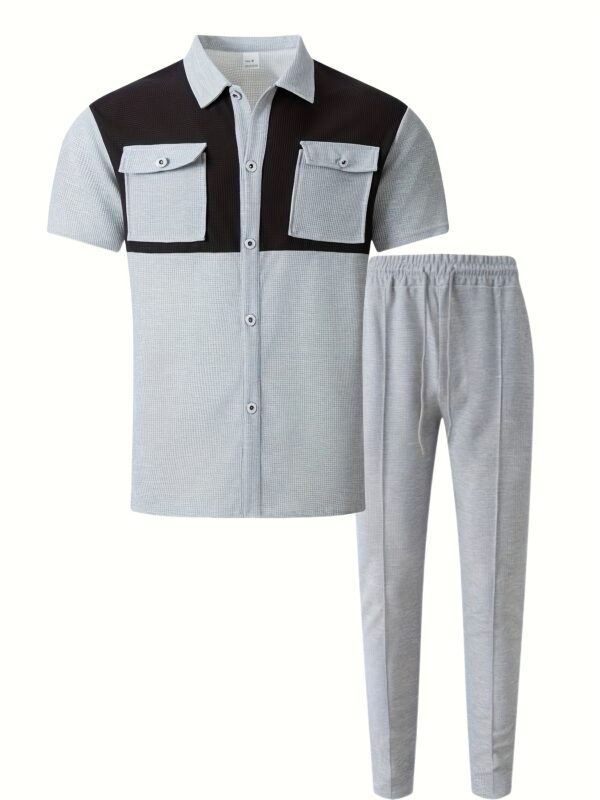 Men's Summer Two-Piece Set, Waffle Fabric Contrast Color with Pockets Short-Sleeved Shirt + Casual Trousers Suit, Leisure Light Business Vacation Daily Multiple Scenes - Image 7