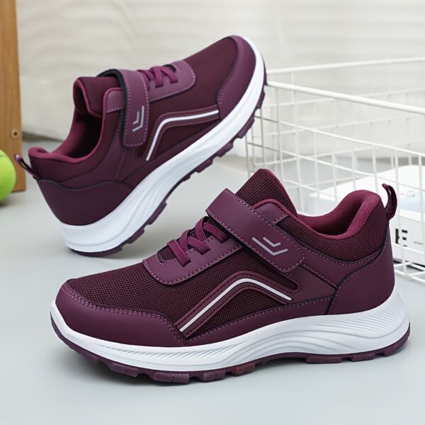 Women's Breathable Mesh Sneakers - Maroon Low-Top Casual Sneakers with Adjustable Hook-and-loop Fastener Strap & Laces, Comfortable Fabric Insole, All-Season Round Toe Design, Breathable Footwear | Stylish Mesh Sneakers | Adjustable Strap Sneakers - Image 8