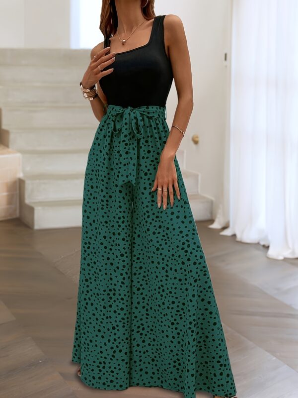 Women'S Sleeveless Wide-Leg Jumpsuit with Tie Waist - Green Polka Dot Print, Square Neck, Flowy Design for All Seasons, Polyester Fabric, Casual Chic Style, Wide Leg Pants for Mature Wome - Image 7