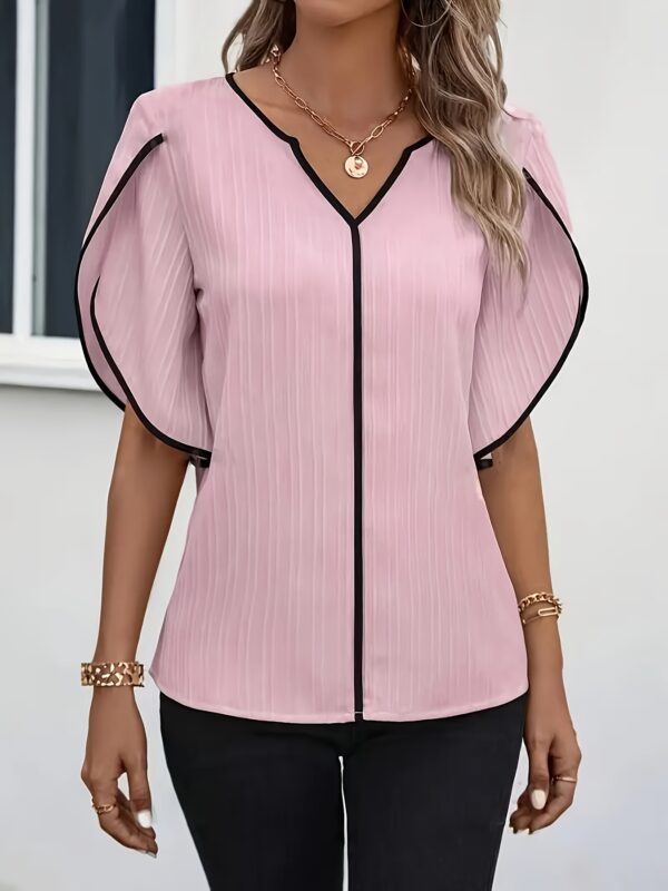 Women'S Elegant V-Neck Blouse with Petal Sleeves - Stylish Two-Tone Design, 100% Polyester Fabric, Perfect for Casual or Office Wea - Image 4