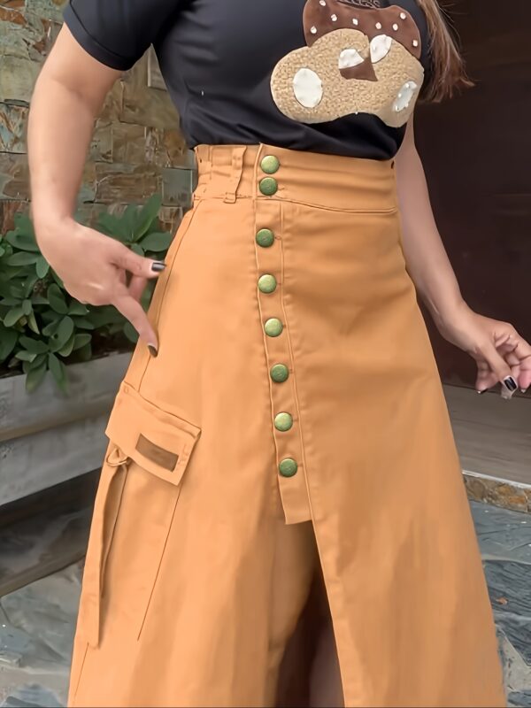 Women's Elegant High-Waisted Solid Midi Skirt, Stylish Button- Slit Utility Work Skirt with Elastic Waist and Large Pockets - Image 3