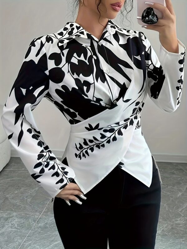 Women's Elegant 3D Floral Print Cross-Tie Blouse - Square Neck Long Sleeve Shirt, Machine Washable Non-See-Through Fabric for Spring Summer Fall, Casual & Formal Wear, Floral Print Blouse, Seasonal Fashion Top, Singlesided Button Closure - Image 5