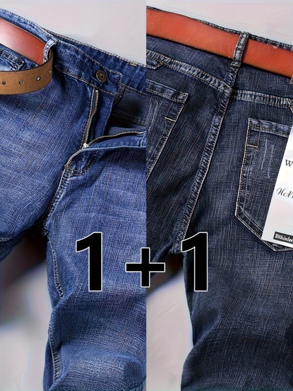 2 Pcs Men's Solid Denim Pants With Pockets, Formal Cotton Blend Jeans For Outdoor Activities - Image 6