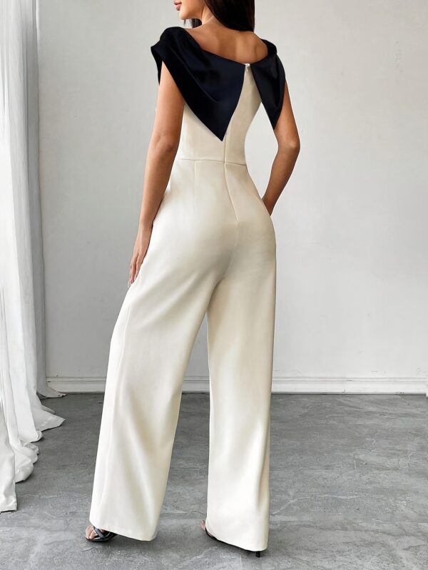 Women'S Elegant Fashionable Off-Shoulder Jumpsuit - Beige, Contrast Collar, Wide Leg, Perfect for Casual & Urban Commute, Spring/Summer Attire, Casual Attire | Offshoulder Fashion | Wide Leg Jumpsuit - Image 2