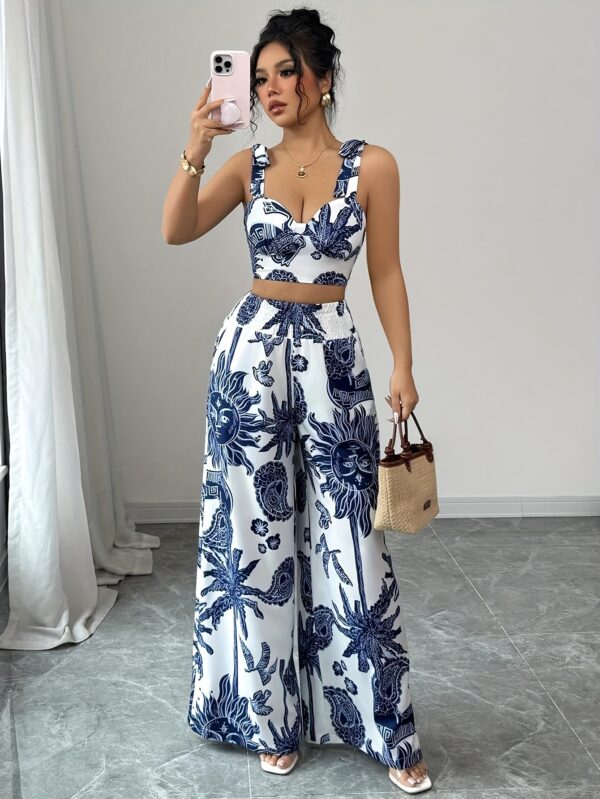 Women'S Elegant Floral Print Sleeveless Maxi Pants Set - Blue and White, Polyester, Perfect for Vacation, Spring/Summer, Casual Style, Casual Attire|Floral Print Top|Polyester Fabri - Image 5