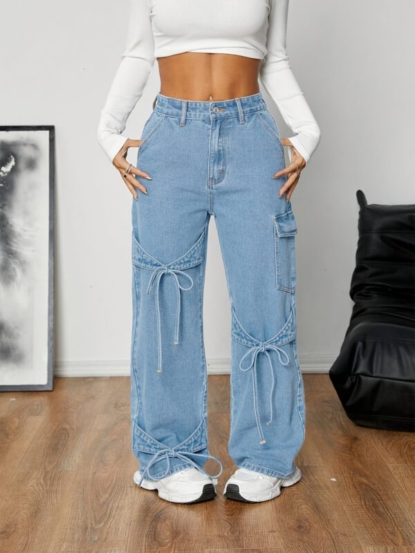 Women'S Casual Straight-Leg Denim Jeans with Adjustable Bow Tie Waist, Loose Fit Wide-Leg Pants, Non-Stretch Fabric, Spring/Fall Season, Casual Wear Jeans | Relaxed Fit Jeans | Nonstretch Fabric - Image 11