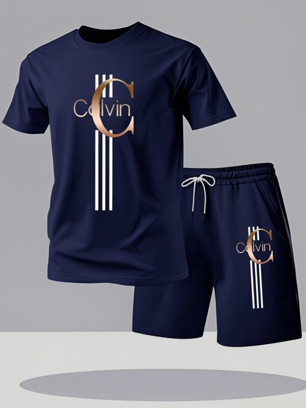 Men'S Comfortable Polyester Pajama Set - Casual Short Sleeve Crew Neck Top, Drawstring Jogger Shorts, Machine Washable - Image 6