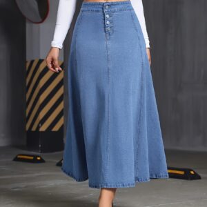 4038 Women's Elegant Stretch Denim Skirt - Wide Swing Summer Length with Button Detail, Machine Washable Regular Fit Solid Color for Casual & Formal Wear, Everyday Fashion, Comfortable Fashion