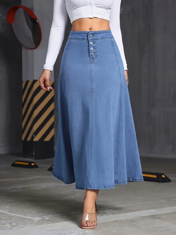 4038 Women's Elegant Stretch Denim Skirt - Wide Swing Summer Length with Button Detail, Machine Washable Regular Fit Solid Color for Casual & Formal Wear, Everyday Fashion, Comfortable Fashion