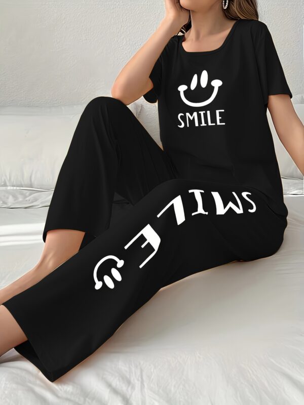 Women'S Casual Yellow joyful Face Pajama Set - Short Sleeve, Long Pants, Crew Neck, All-Season Sleepwear, Comfortable Loungewear, Casual Loungewear|Playful Design|Soft Texture - Image 4