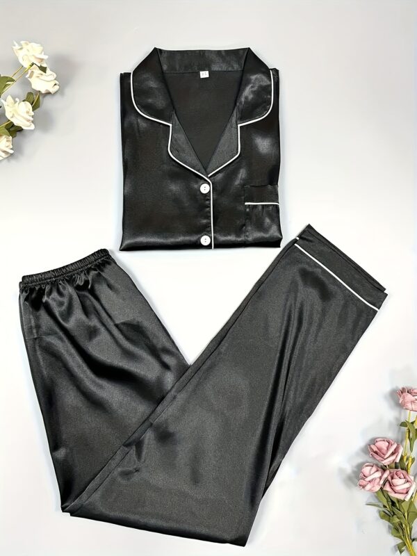 Simple Solid Satin Lounge Set, Long Sleeve Buttons Lapel Top & Elastic Pants, Women's Loungewear - Image 24