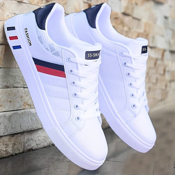 KOONEXY Men's Low-Top Casual Sneakers - White with Striped Accents, Breathable Fabric Lining & Cushioned Comfort for All-Season Outdoor Sports & Casual Attire, Sleek Shoe Design, Durable Traction Footwear, Minimalist Style, Quality Construction, Daily Wear