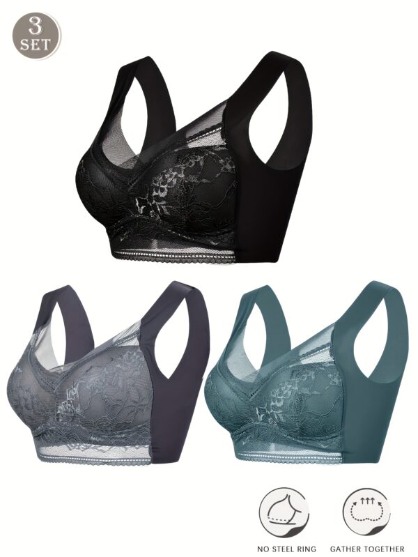 3pcs Women'S V-Neck Lace Bras - Solid Color, Breathable Mesh, Full Coverage, Elegant High Elasticity, Wireless with Floral Lace Detail, Perfect for Yoga & Sports - Image 5