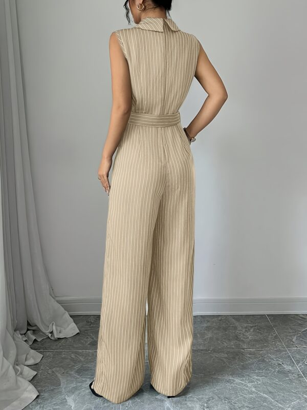 Elegant Striped Sleeveless Jumpsuit for Women - V-Neck, Belted Waist, Wide-Leg Pants, Casual Yet Chic Summer Outfit, White with Black Stripes, Belted Waist Jumpsuit - Image 8