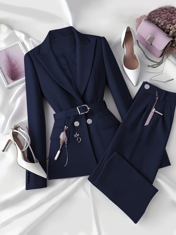 Elegant Solid Color Urban Commuting Suit for Women with Belt and Pants, Perfect for Spring/Summer, Includes Shoes and Clutch, Office Ready Attire|Sophisticated Style|Pocketed Pants - Image 2