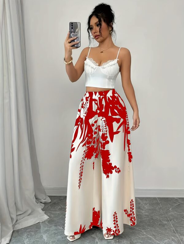 Women's Floral Print Wide-Leg Pants - Elastic Waist 3/4 Length Capri Pants with Pockets, Red & White Botanical Design, Machine Washable for Casual Vacation & Casual Attire, Relaxed Fit Trousers, Pockets Included, Travel Clothing, Stylish Trousers, Breathable Material, Printed Trousers, Adult Clothing - Image 7