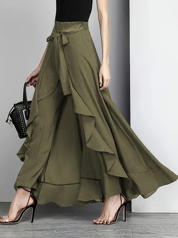 Women'S Light Blue Ruffle Hem Maxi Pants - Casual Solid Color Straight Leg with Belt Detail, Flowy Design for All Seasons, Polyester Fabri - Image 12