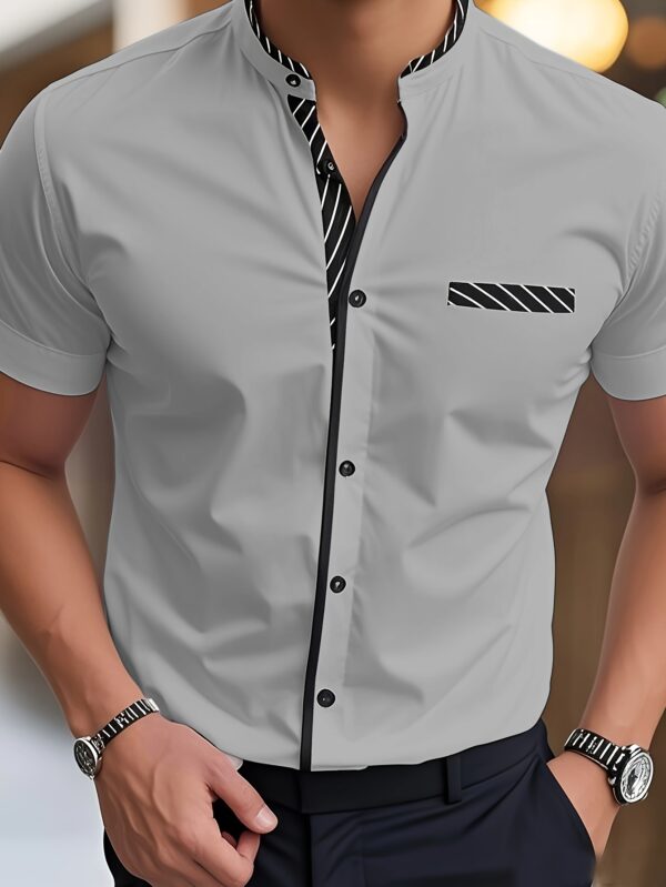 Men's Light Blue Casual Short Sleeve Shirt with Black Contrast Collar & Cuffs - Stand-Up Collar, Machine-Washable Fabric, Regular Fit for Summer, Office, Commute & Streetwear, Classic Buttonup Design, Nontransparent Material - Image 7