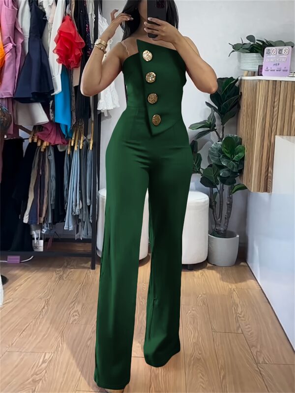 1pc Elegant Women'S One-Piece Jumpsuit with Asymmetric Metallic Buckle Detail, Casual Strapless Polyester Knit Bodysuit, All-Season Solid Color Knitwear