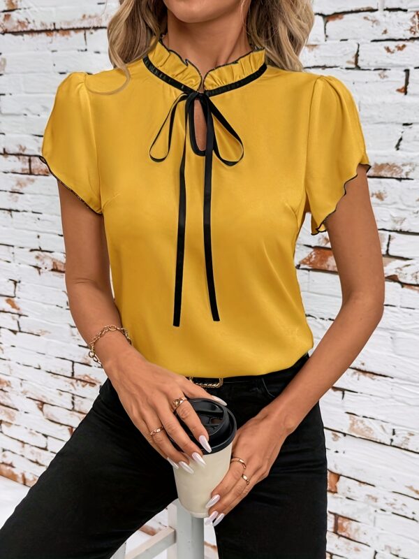 Elegant Women's Contrast Color Block Short Sleeve Shirt - Black & White Contrast Collar & Bow Tie Detail, Regular Fit Machine Washable Spring Summer Casual Office Wear, Spring Fashion, Classic Collared Top, Smooth Fabric, Stylish Blouse, Fashionconscious Women, Spring Fashion Top, Lightweight Fabric, Collared Blouse, Adult Women - Image 13