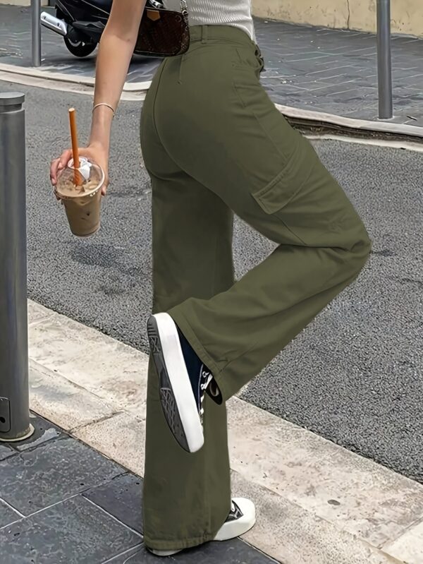 Women'S Casual Solid Cargo Pants, Polyester High Waist Wide Leg Pants with Pocket, All-Season Woven Fabric, 150g/㎡ Weight - Image 13