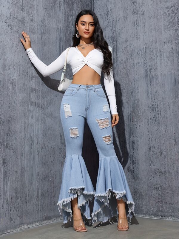 Ripped Raw Hem Flare Leg Bell Bottom Stylish Distressed Plain Washed Blue Elegant Jeans Denim Pants, Women's Denim Jeans & Clothing For Autumn - Image 11