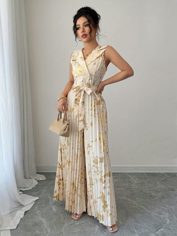 Elegant Sleeveless Geometric Print Jumpsuit with Waist Tie - Long, Button-Up Dress for Women, Perfect for All Seasons, Stylish Adult Fashion, Elegant Attire | Geometric Print Jumpsuit | Waist Tie Detail - Image 4