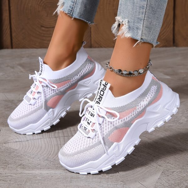 Women's Fashion Breathable Mesh Sneakers - Comfortable Low-Top Casual Lace-Up, Thick Sole Sneakers in Black/White, Beige/Grey, and Blue/Pink, Geometric Pattern, All-Season Wear - Image 5