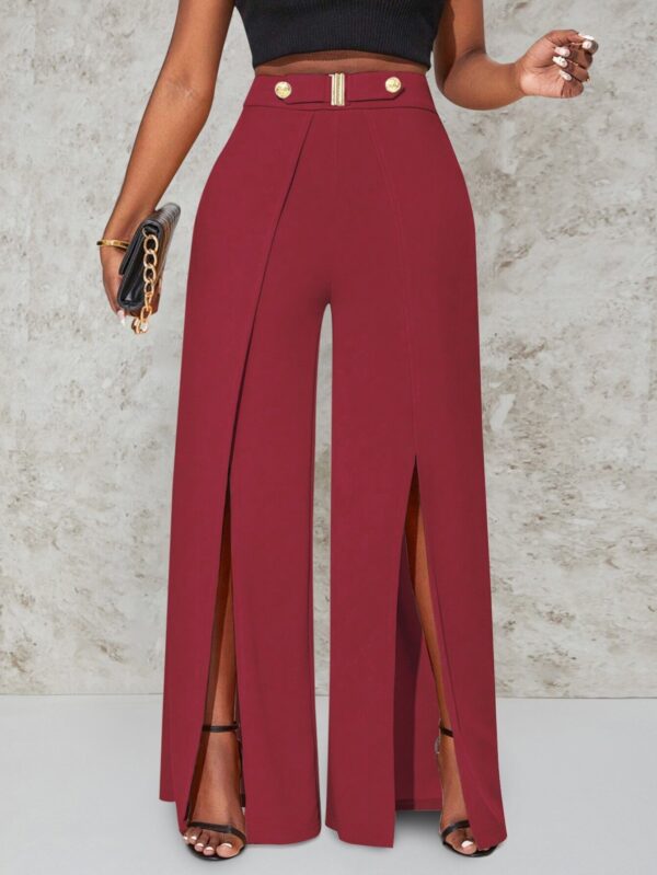 Women's High-Waist Wide Leg Pants | Elegant Black Polyester Blend | Double Side Slit with Metallic Button Detail | Loose Fit, Machine Washable | Ideal for Casual Outings | Spring/Autumn Collection, Spring Autumn Pants | Chic Slit Pants | Front Slit Pants
