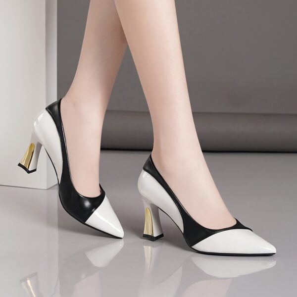 Women'S Black & White Pointed Toe High Heel Pumps - Comfortable Slip-On Dress Shoes with Thick Rubber Sole, Synthetic Cover Upper & Insole for Fall Season, Stylish Low-Cut Design, Low-Cut Footwear | Elegant Footwear | Durable Footwea - Image 3
