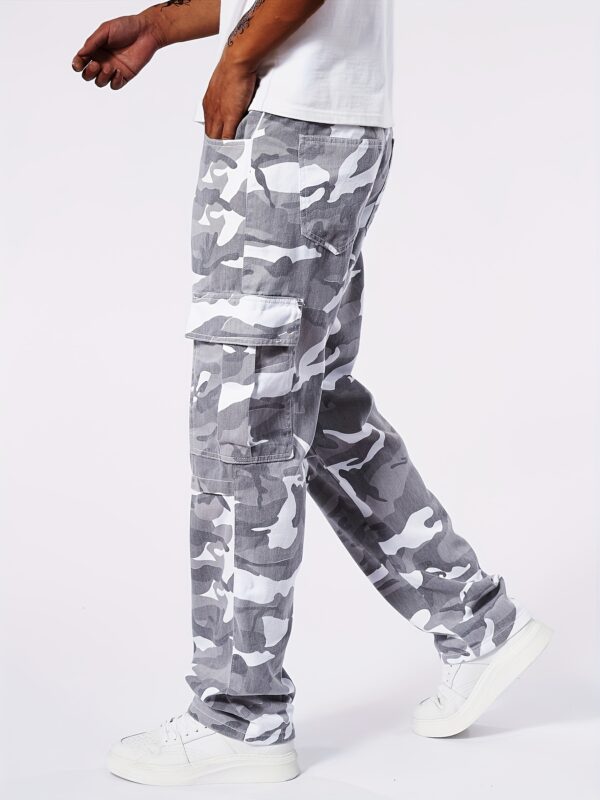 Men'S Casual Denim Cargo Pants, 100% Cotton, All-Season Regular Fit, Non-Stretch Washed Fabric, 360g/m², Solid Color Camouflage Design, Woven Regular Length Trousers - Image 4