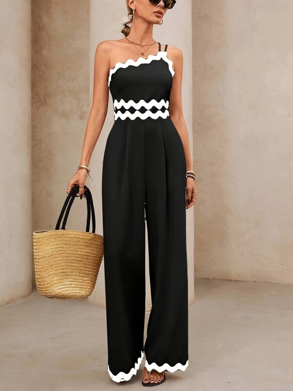 Women'S Elegant Asymmetrical Neck Sleeveless Jumpsuit with Black & White Zigzag Detail - Loose Fit, Wide Leg, Perfect for Casual Summer Weekend, Casual Summer Attire|Elegant Sleeveless Jumpsuit|Draped Fabric - Image 3