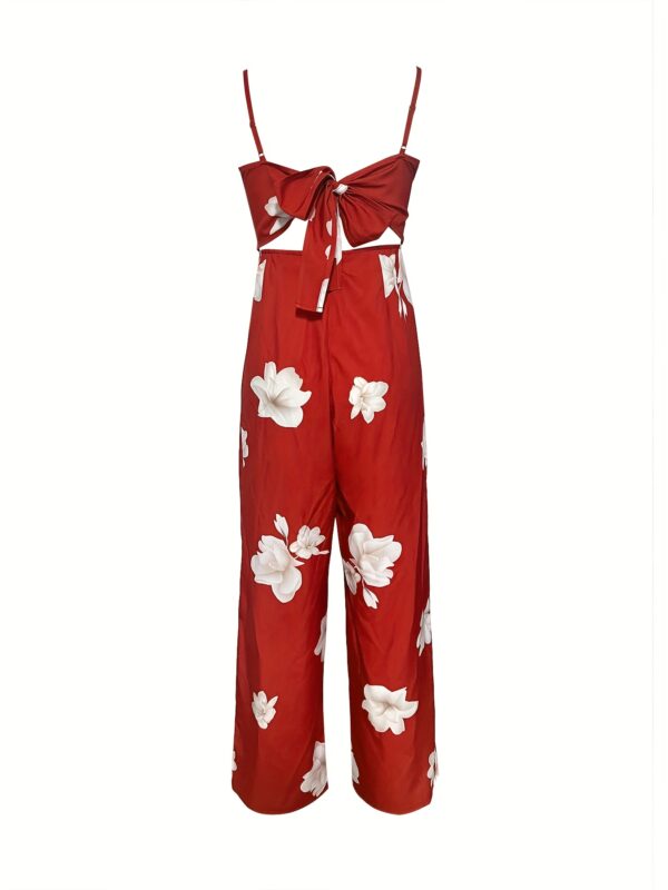 Elegant Floral Print Women'S Jumpsuit - Sleeveless Wide-Leg Romper with Tie-Waist Detail, Vibrant Red & White Hibiscus Design, Perfect for Summer Outings, Adult Fashion, Casual Summer Wear | Floral Print Jumpsuit | Wideleg Jumpsuit - Image 4