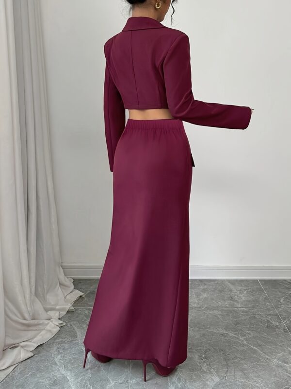 Premium Elegant Fashion Business/Office Suit in Purple Fabric, V-Neck with Fall Shoulder, Regular Sleeve Crop Top, High Waist with Fake Pockets, Straight Slit, New Women'S Suit Set for Spring And Autumn. - Image 3